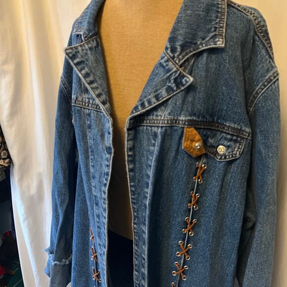 Ethyl blue jean denim long duster jacket leather stitchy Y2K Western boho 3X - Picture 2 of 11